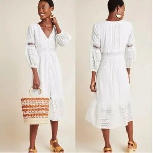 Anthropologie Ebba White Lace Eyelet Midi Dress 2 Puff Sleeve Boho Graduation